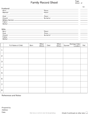 Family Record Sheet  Form