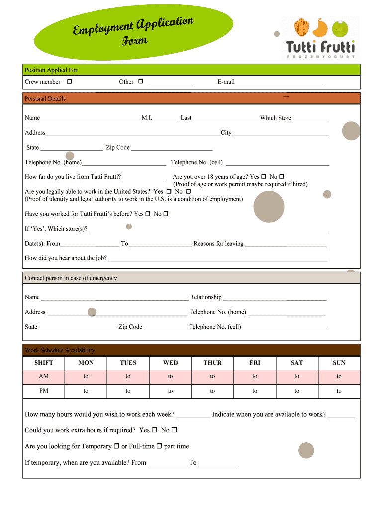 Tutti Frutti Application  Form