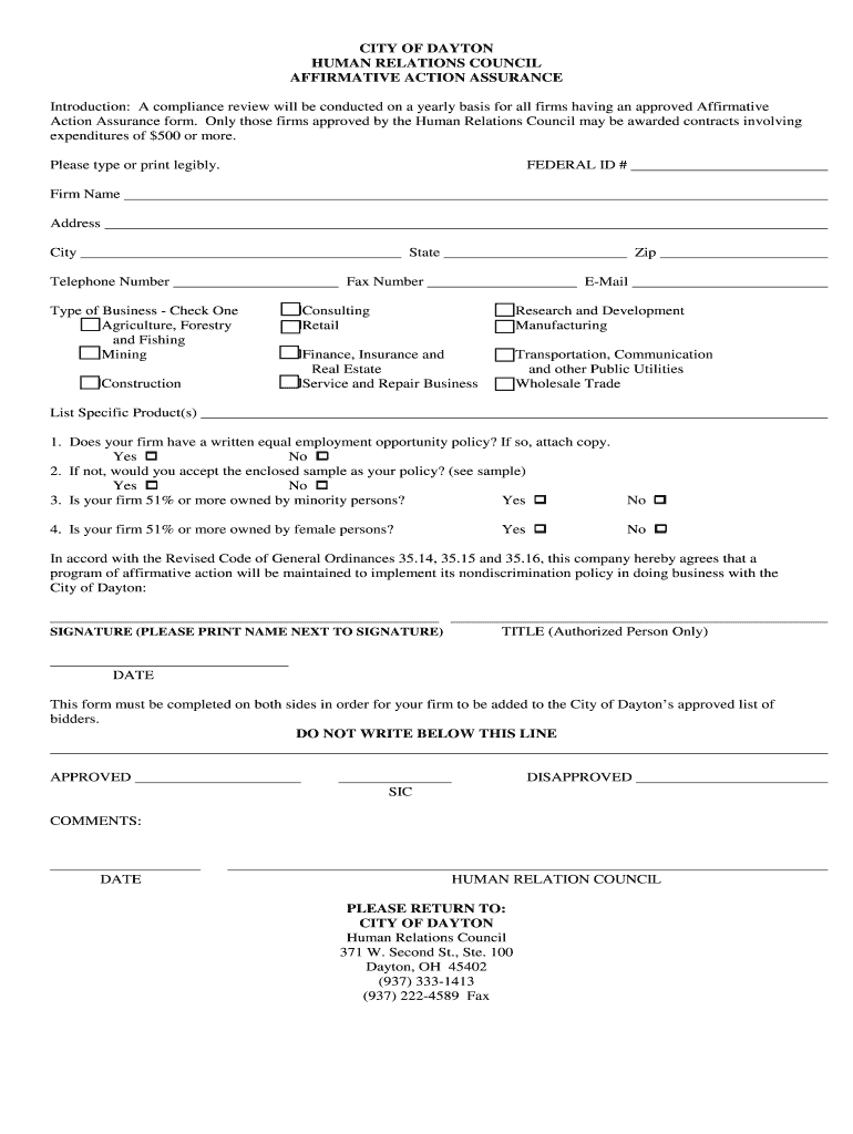 Affirmative Action Assurance AAA Form  Dayton, Ohio  Daytonohio