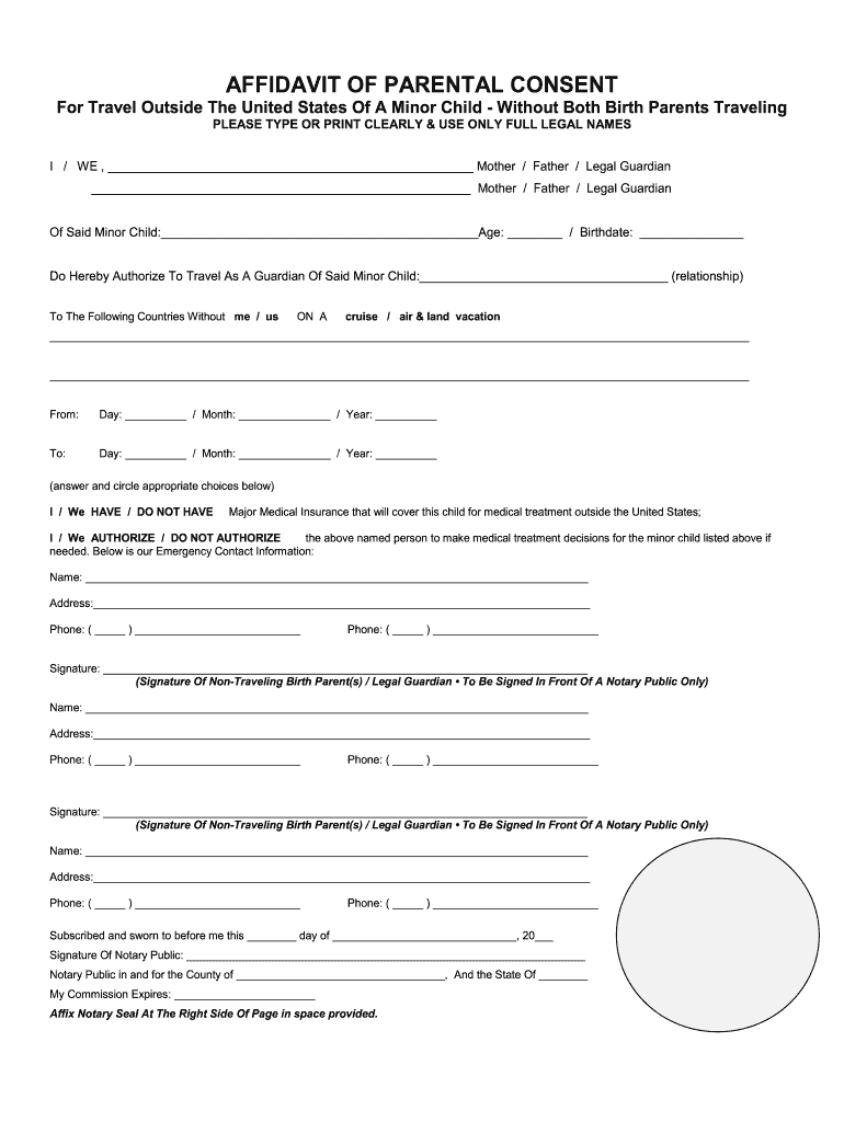 Affidavit of Parental Consent  Form