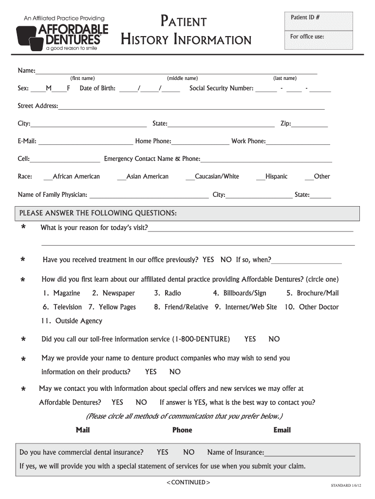  Affordable Dentures Patient History Form 2012-2024