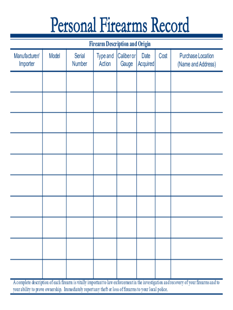 Printable Gun Inventory Sheet  Form