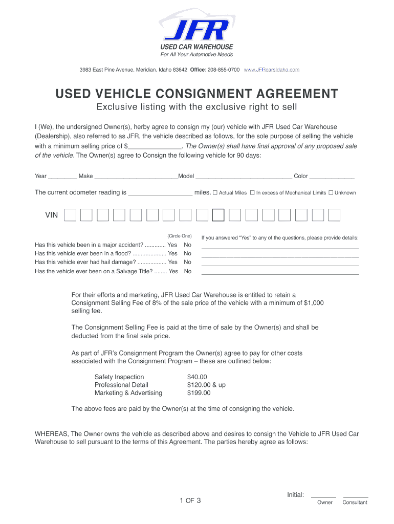 Used Vehicle Consignment Agreement PDF  Form