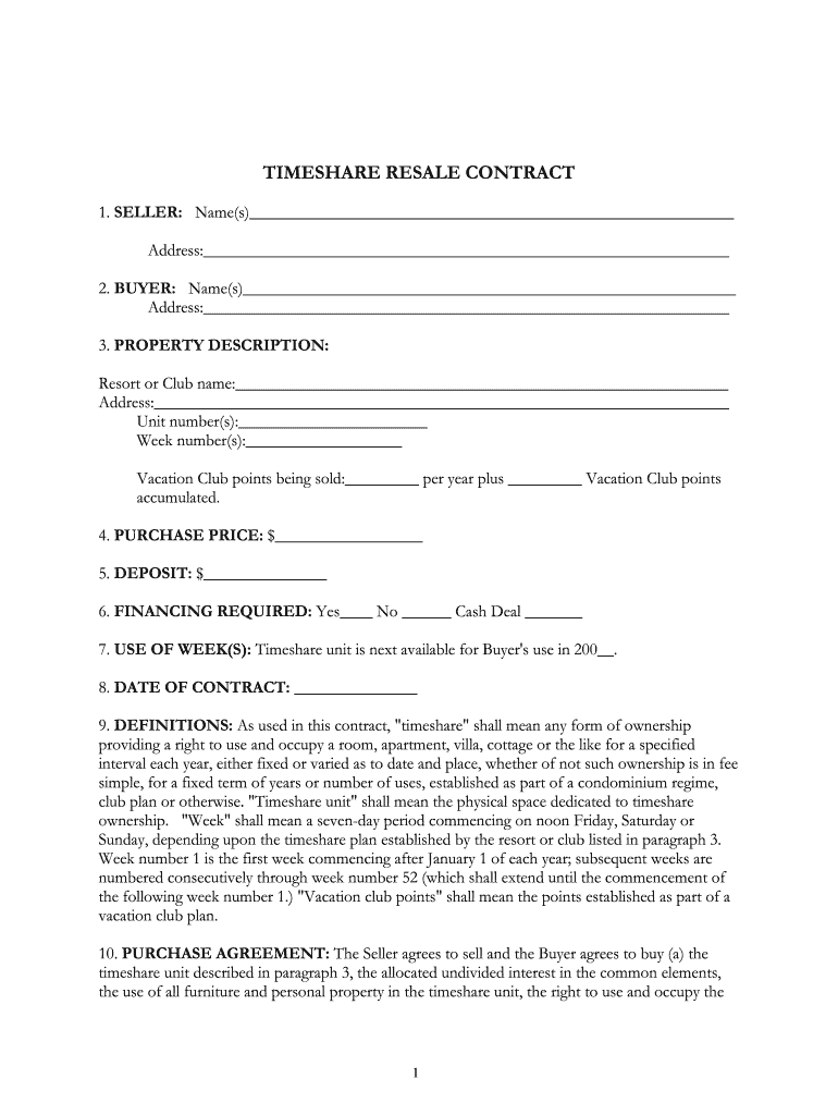 TIMESHARE RESALE CONTRACT Closemytimeshare Com  Form