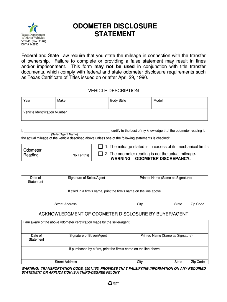  Odometer Disclosure Statement Texas 2009-2024