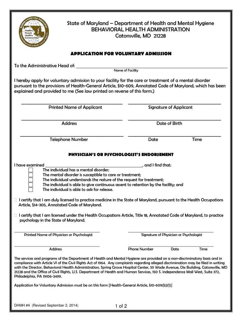  Maryland Involuntary Psychiatric Admission Form 2014-2024