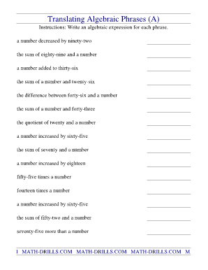 Translating Algebraic Expressions Worksheet PDF  Form