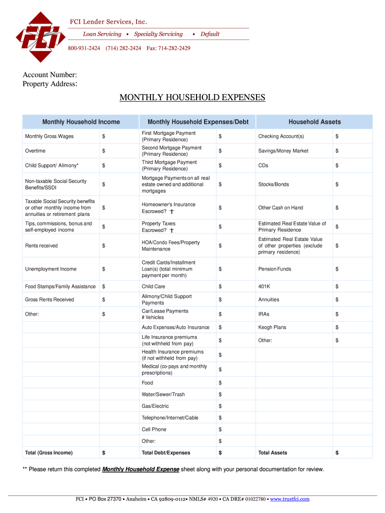 Monthly Household Expenses  Form