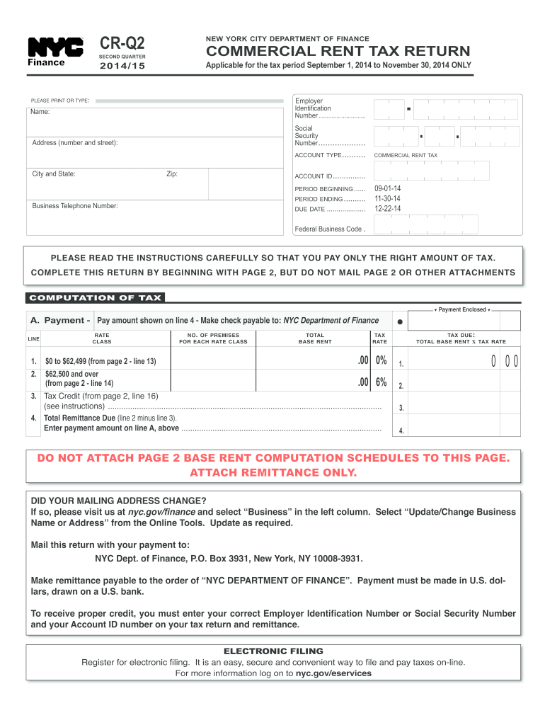  CR Q 14 Commercial Rent Tax 2nd Quarter Return  NYC Gov  Nyc 2014