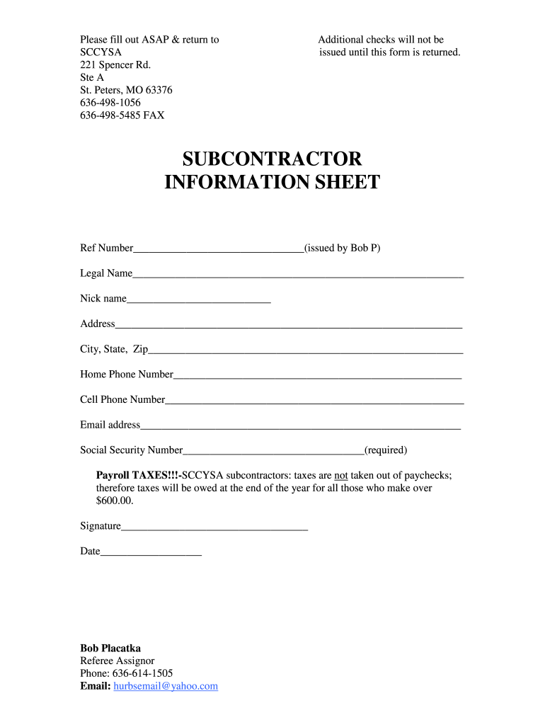  Subcontractor Information Sheet 2013-2024