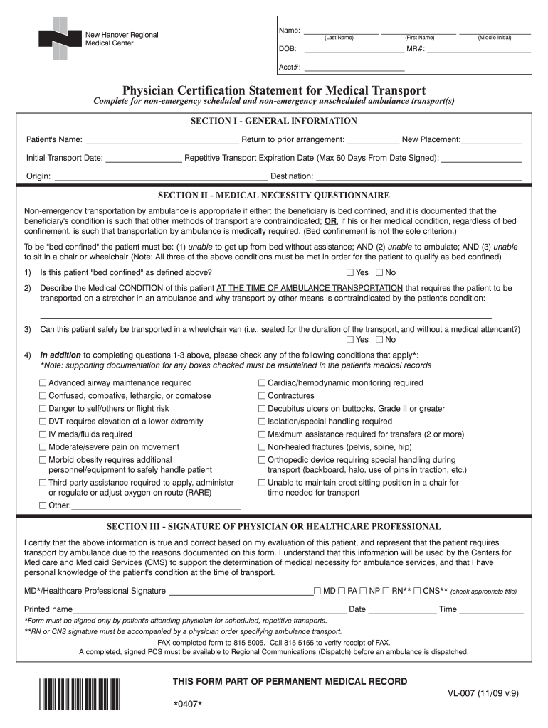  NHRMC Physician Certification Statement for Medical Transport Nhrmc 2009-2024