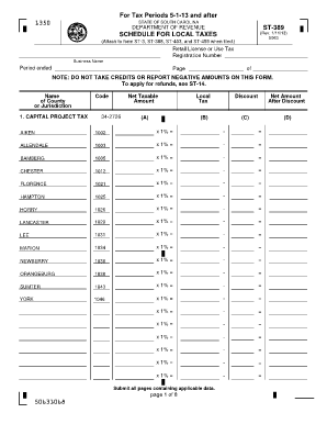 For Tax Periods 5 1 13 and After STATE of SOUTH CAROLINA 1350 DEPARTMENT of REVENUE ST 389 SCHEDULE for LOCAL TAXES Rev Sctax  Form