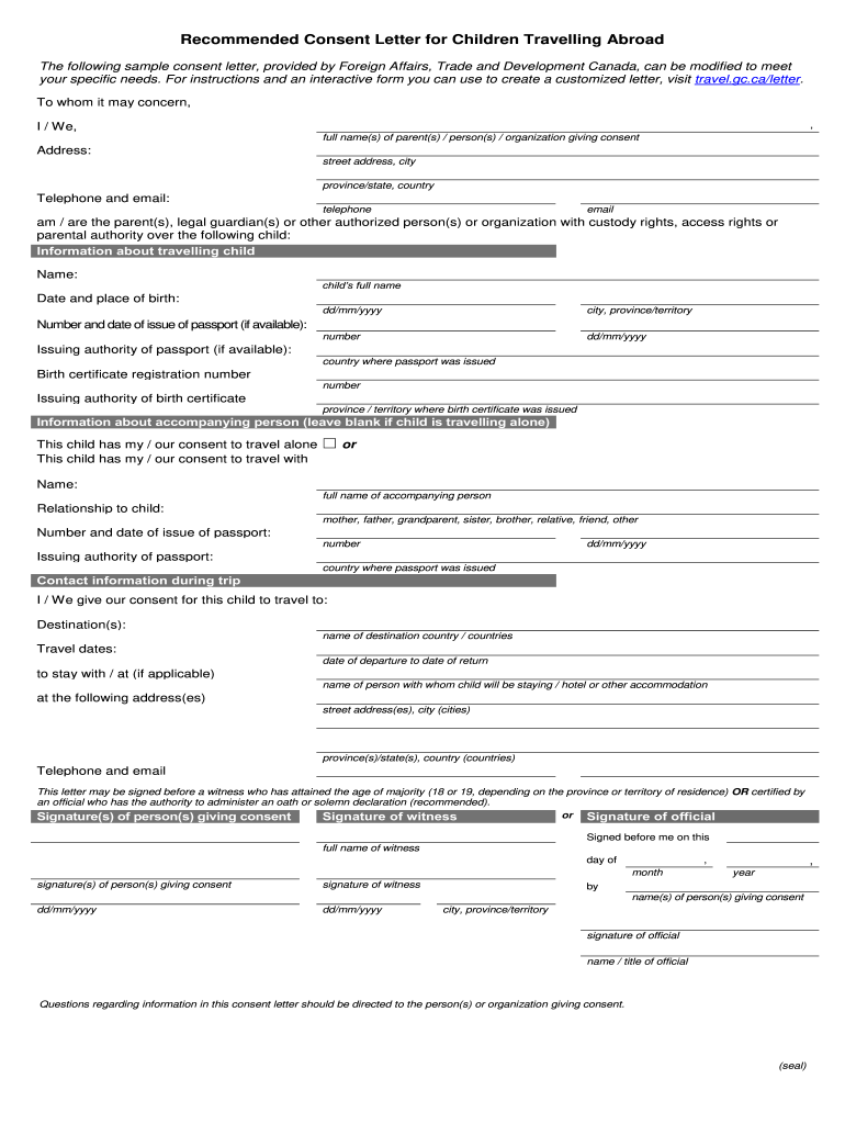 Get and Sign Recommended Consent Letter for Children Travelling Abroad  Form