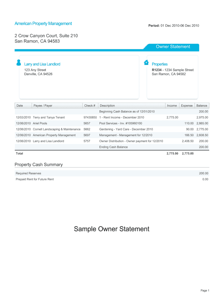 Property Management Monthly Report to Owner Template  Form