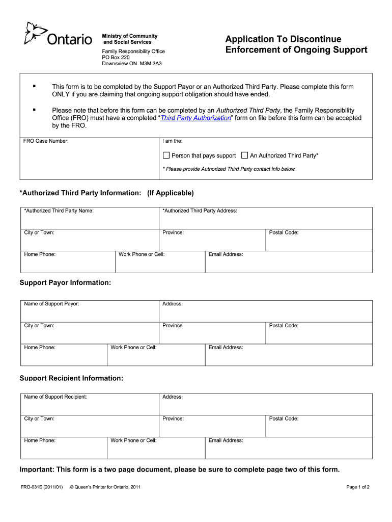 Application to Discontinue Enforcement of Ongoing Support  Form