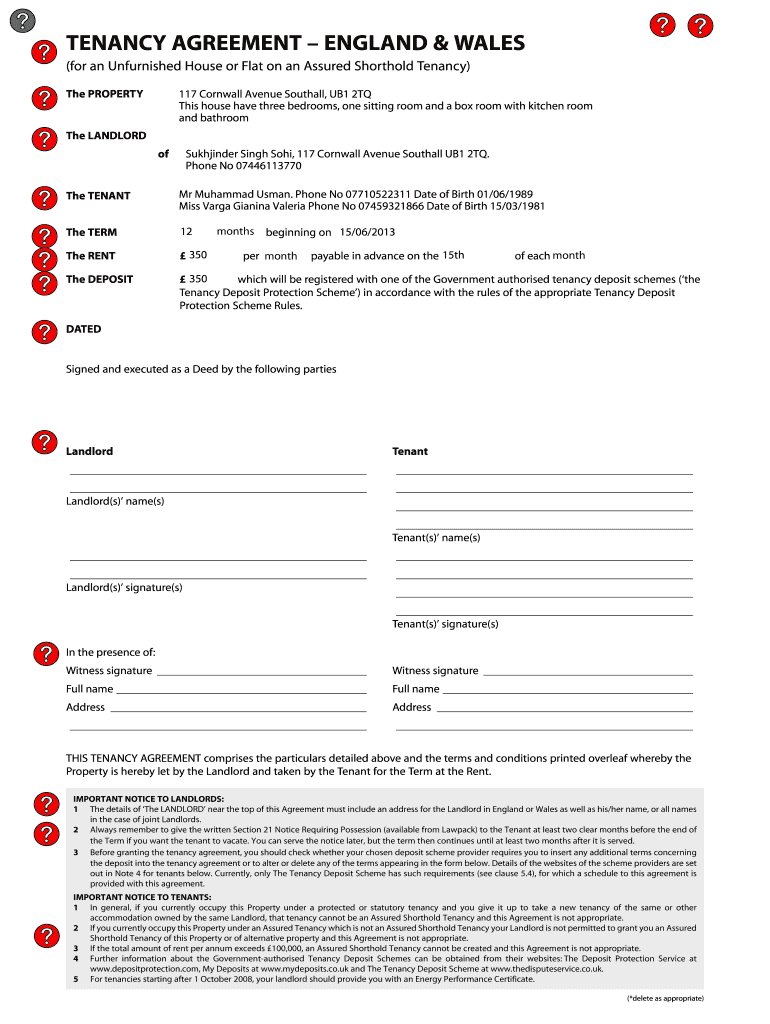 Tenancy Agreement England and Wales PDF  Form