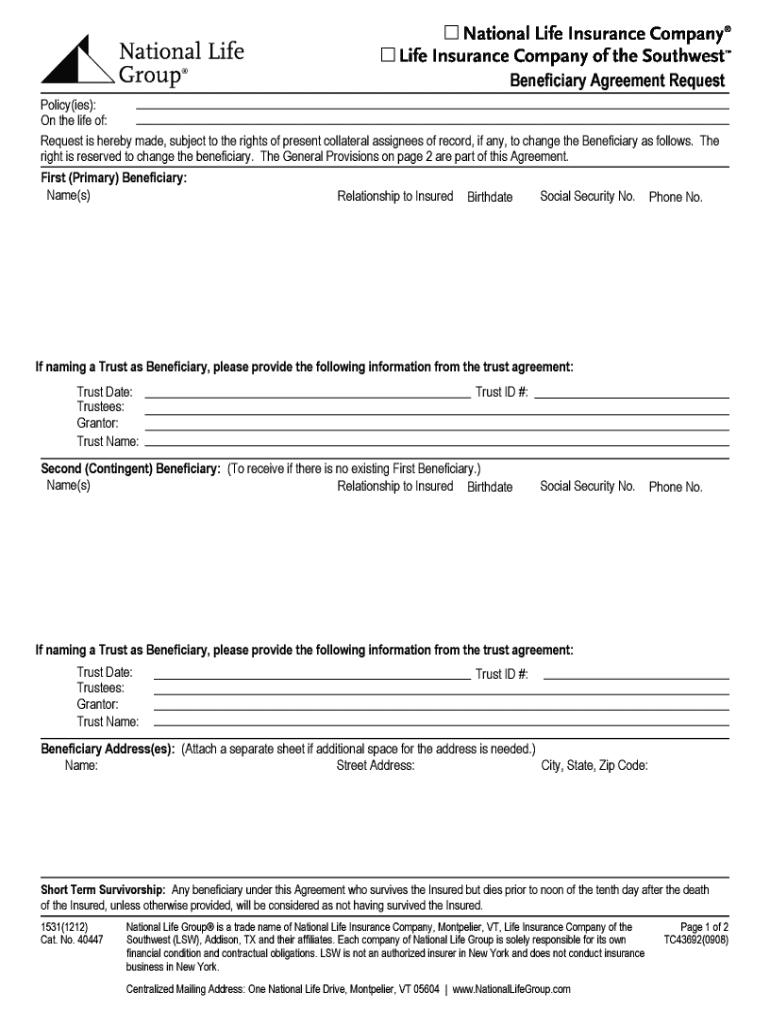  Change of Beneficiary Form  National Life Group 2012