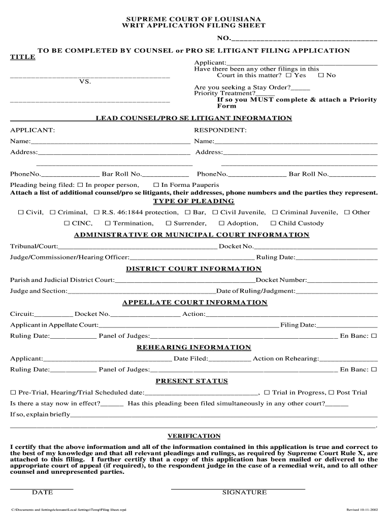  Louisiana Supreme Court Writ Application Form 2002-2024