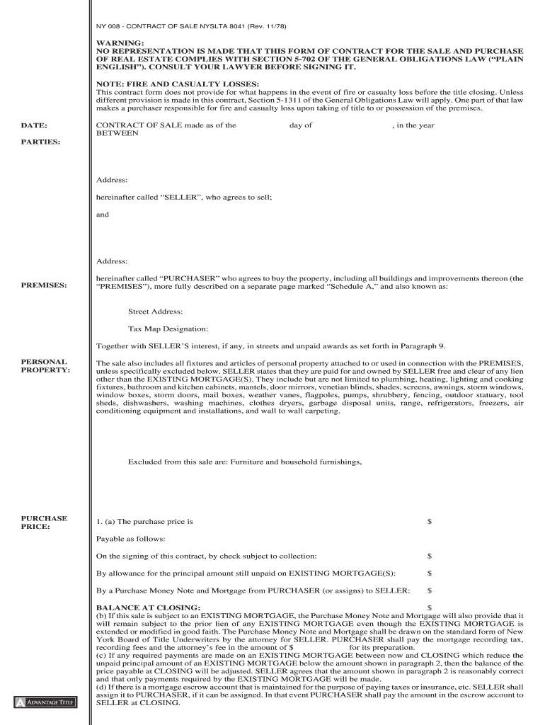 NY008  Contract of Sale NYSLTA 8041 Rev 1178  Advantage Title  Form