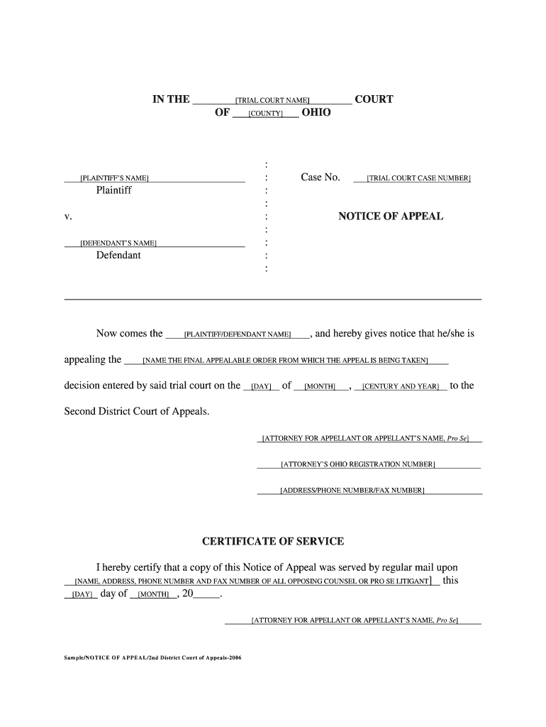 SampleNOTICE of APPEAL Montgomery County, Ohio Mcohio  Form