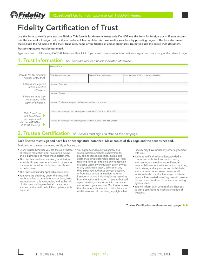  Certification of Trust Fidelity 2014