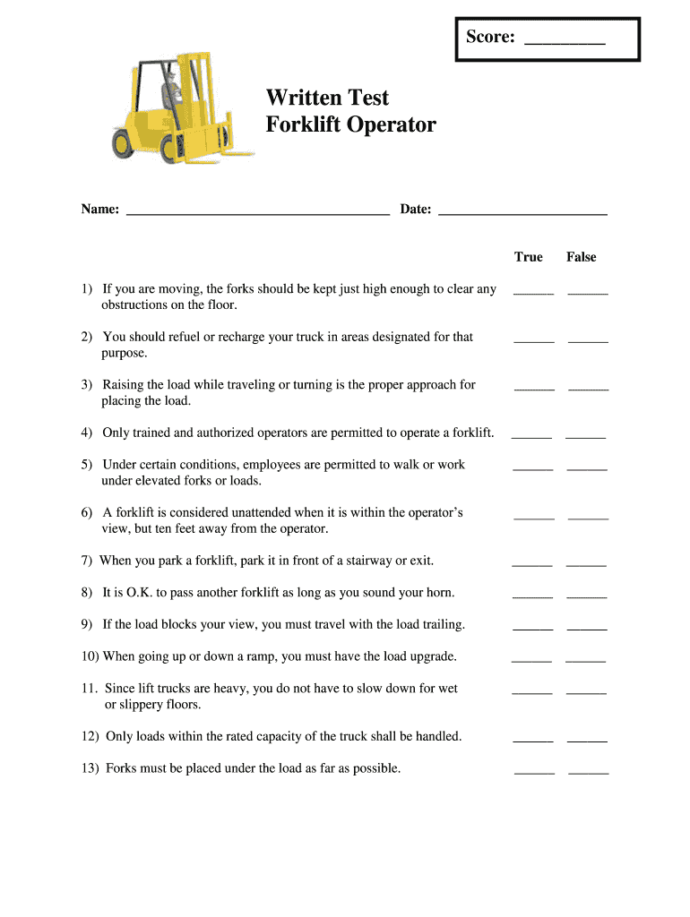 Printable Forklift Written Test  Form