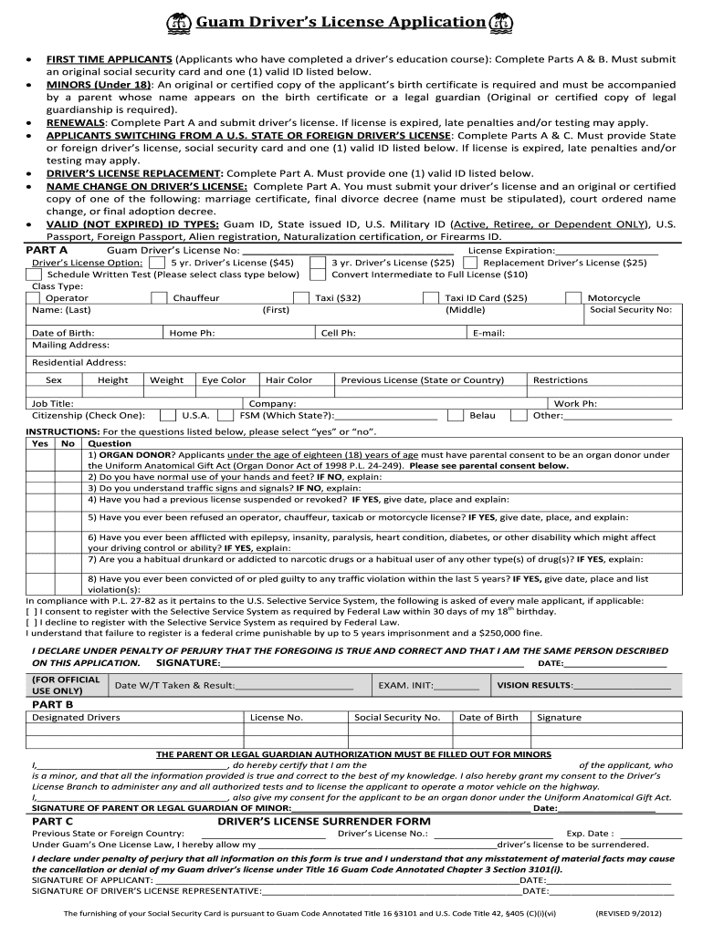  Guam Driver License Application 2012-2024