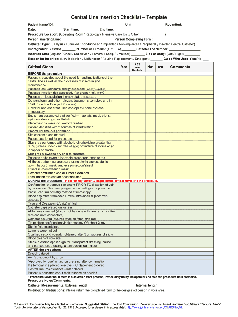 Central Line Maintenance Checklist  Form