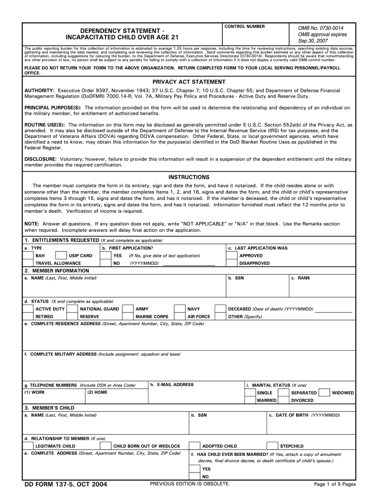 Dd Form 137 5 Incapacitated 2016