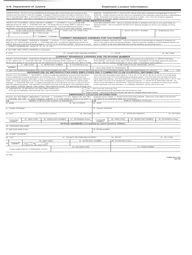 Form Doj 233 Employee Locator Form
