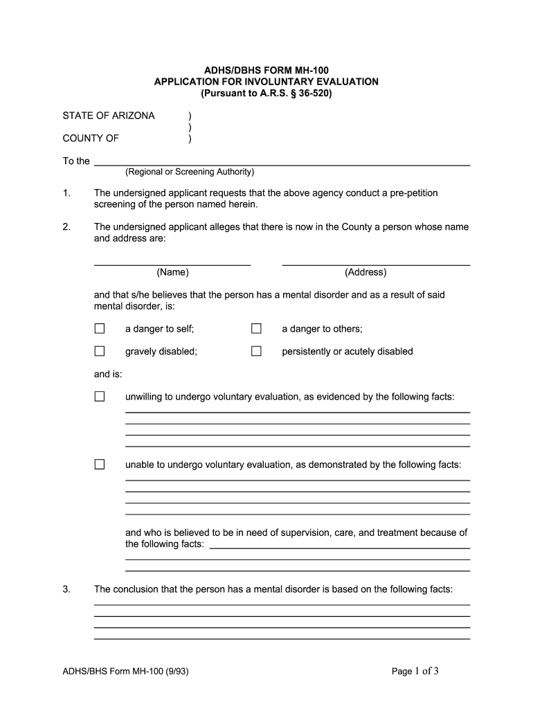  Application for Emergency Admission for Evaluation Arizona 1993-2024