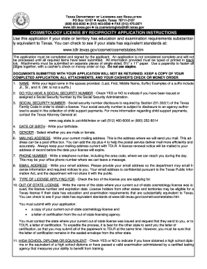 Texas Cosmetology Reciprocity Application  Form