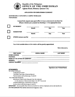 Application for Ombudsman Clearance for Retirement  Form