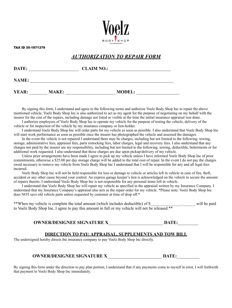 Shop Authorization Repair Form