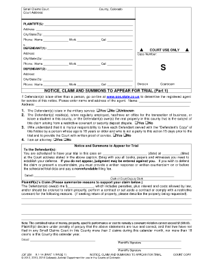 NOTICE, CLAIM and SUMMONS to APPEAR Colorado State  Form