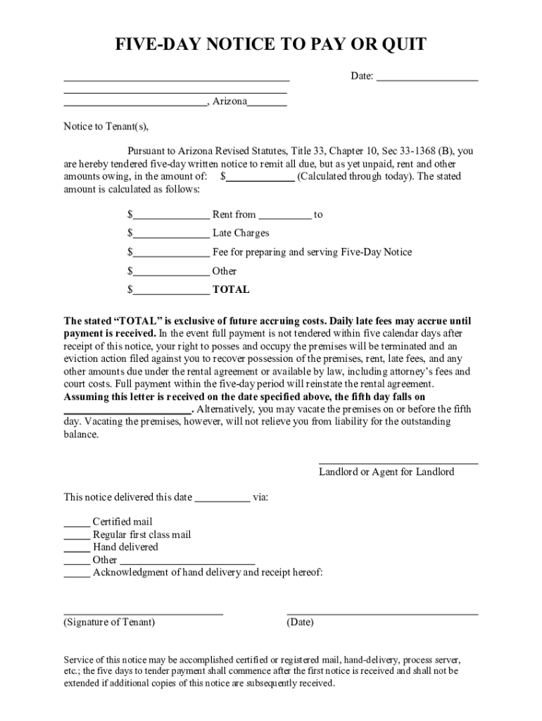 Editable Printable Az Maricopa 5 Day Pay or Quit  Form