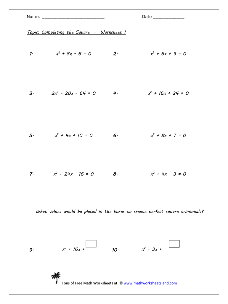 Complete the Square Worksheet  Form