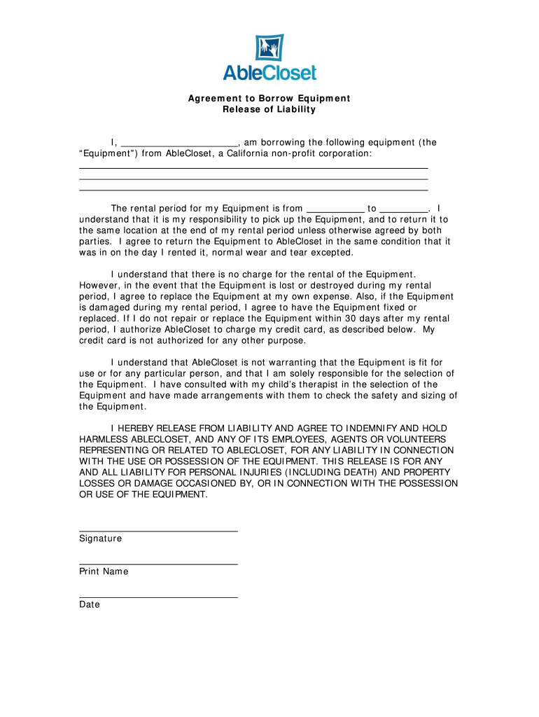 Agreement Borrow Equipment  Form