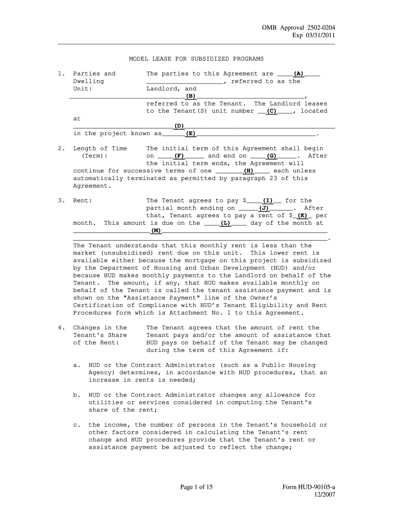 Model Lease for Subsidized Programs  HUD  Hud  Form