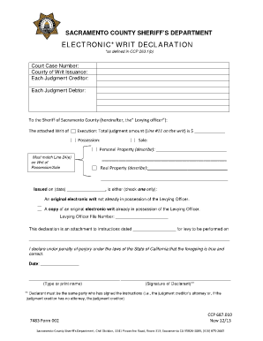 Electronic* Writ Declaration Sacramento County Sheriff&#039;s Department  Form