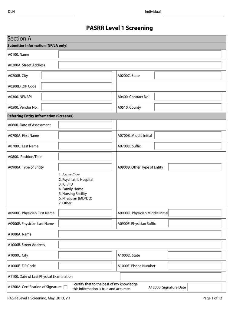  PASRR Level 1 Screening Form TMHP Com 2013