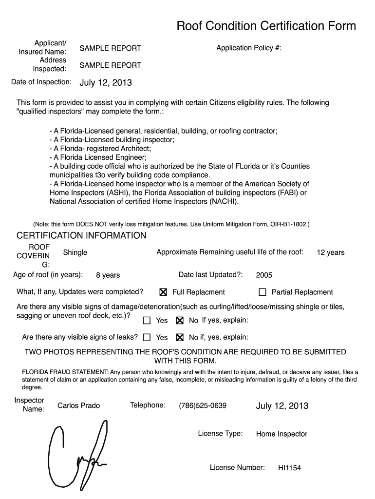 Roof Certification Letter  Form