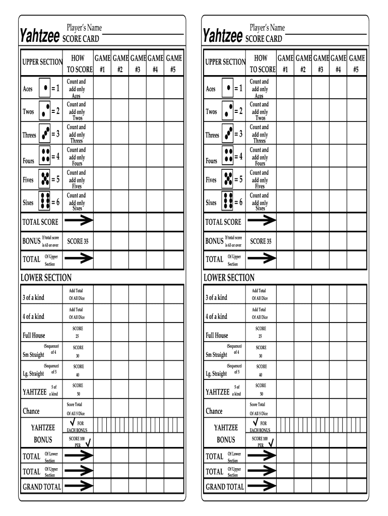 Yahtzee Score Sheets Form Fill Out and Sign Printable PDF Template