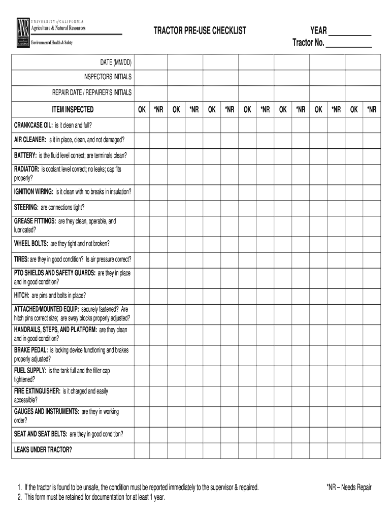Tractor Daily Inspection Checklist  Form