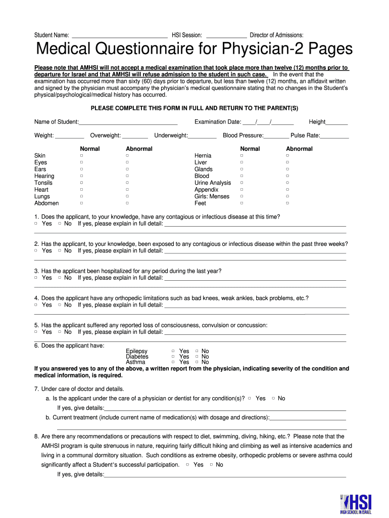 Medical Questionnaire for Physician 2 Pages  Form