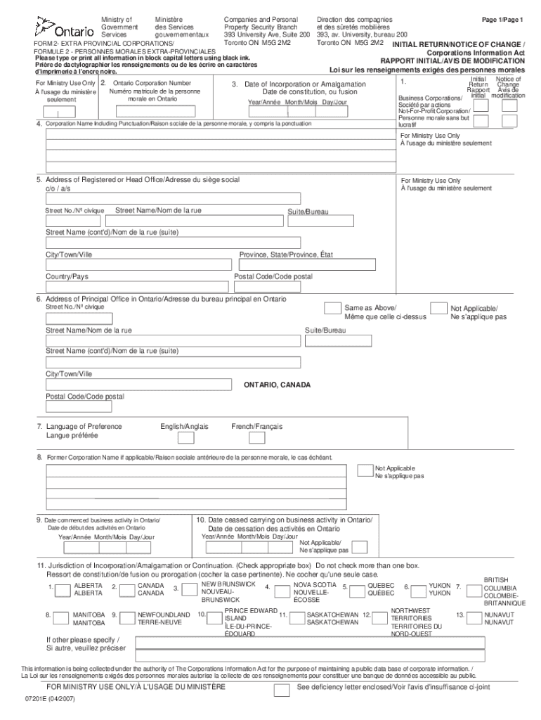 Form 2 Extra Provincial Registration Ontario