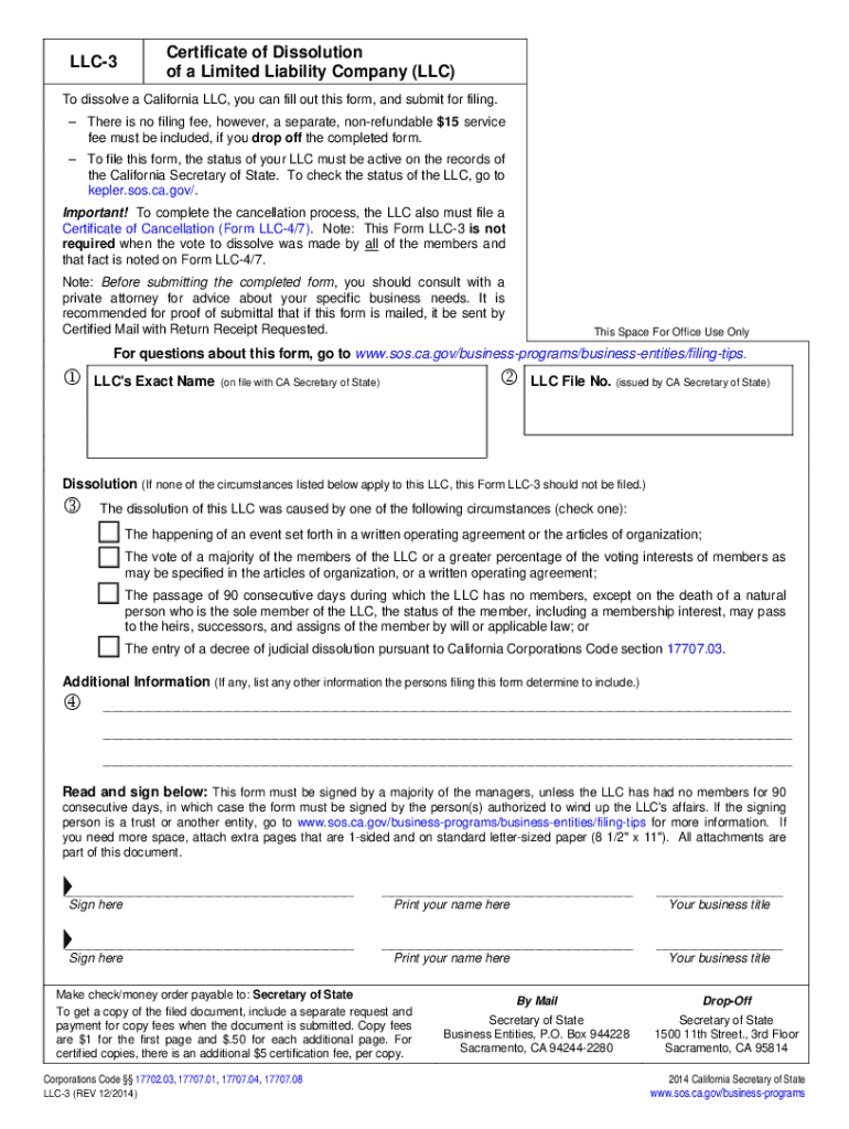 Form LLC 47 California Secretary of State State of California Sos Ca