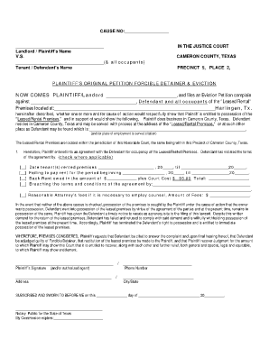 Forcible Detainer &amp; Eviction PDF Cameron County Co Cameron Tx  Form
