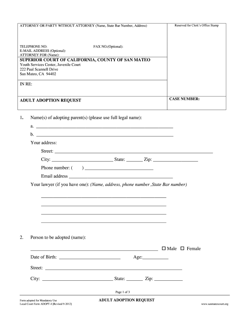  Adult Adoption Petition  the Superior Court of California, County of    Sanmateocourt 2012-2024