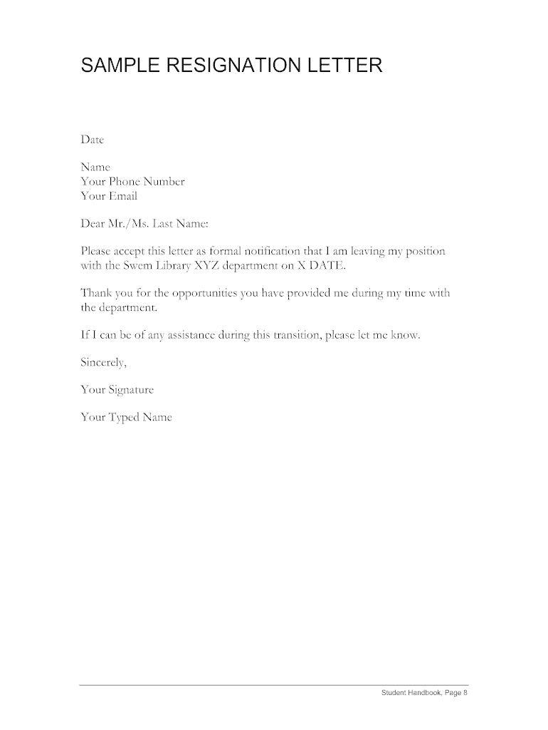 Sample of Resignation Letter  Form